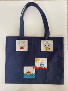 ハンドメイド 子供うさぎの手提げバッグ レッスンバッグ ネイビーブルー