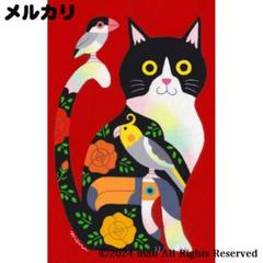 原画「ハチワレ猫と小鳥ブレーメン　赤色」猫/文鳥/インコ/イラスト/絵画/アート