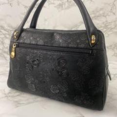 ほぼ未使用 印傳屋 印伝屋 薔薇柄 本革 レザー ルミドーレ ハンドバッグ 黒