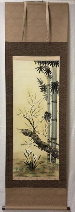 俊銘】絹本彩色画肉筆【初掛正月掛け】祝い軸桐箱白虎富士