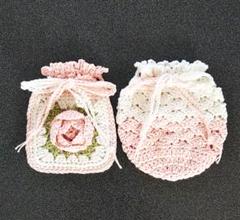 巾着ポーチ手編み ハンドメイド ミニ巾着袋 四角、丸2個セットシェルビンク