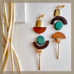 0夏♡ウッド×メタル ロング 大ぶりハンドメイドピアス カラフル イヤリング
