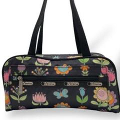美品 LeSportsac ミニボストンバッグ ハンドバッグ 黒 花柄