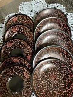 煎茶道具　能登　輪島塗　沈金　菊模様　茶托 煎茶道具 能登 輪島塗 沈金 菊模様 茶托 工芸品