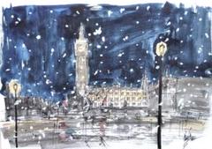 原画#1917 ビッグベン雪ロンドンイギリス水彩画ドローイングアート