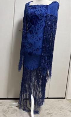 フラメンコ 大判 刺繍 マントン シルク ショール ブルー お値打ち フラメンコ 大判 刺繍 マントン シルク ショール ブルー お