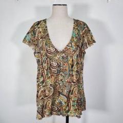 Pure nature レディース カーディガン 半袖 茶ベージュ 総柄 XL