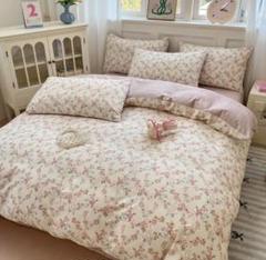 新品★綿100%薔薇と小花シングル掛け布団と枕カバー2枚裏地はシックピンク3点
