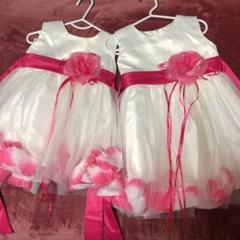ベビー キッズ 白ドレス ピンク 花びら 姉妹 年子 お揃い M XL セット