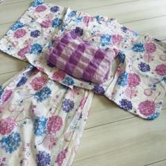 花柄浴衣と紫チェック帯セット　紫陽花　浴衣ドレス　100-110