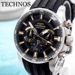 193【美品】TECHNOS クロノグラフ メンズ 時計 ブラック シルバー