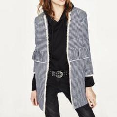 B-3. 【未使用タグ付き】ZARA 金ボタン ダブル チェックコート Lサイズ ZWコレクション オーバーサイズ スカーフ付きコート - ダーク
