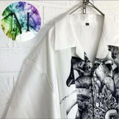 新品　未使用　メデューサ　アロハ　シャツ　メンズ　総柄　アート　絵画　白　蛇