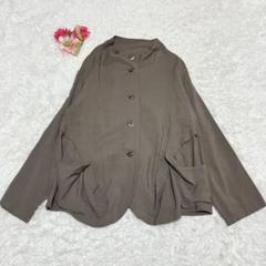 美品 慈雨 ノーカラージャケット 変形 薄手 ブラウン レーヨン 40 L