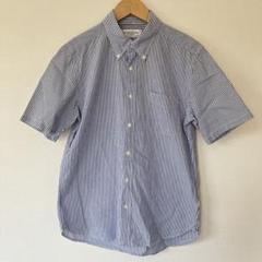 【美品】グリーンレーベルリラクシング (M) 半袖シャツ ブルー ストライプ