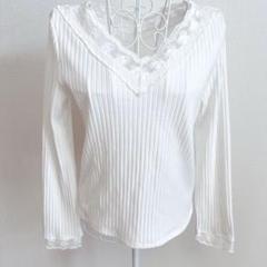 apres jour フリーサイズ ホワイトリブ編み長袖Tシャツ レースデザイン