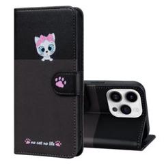 iphone14pro手帳柄猫ケース　黒+グレーおしゃれ