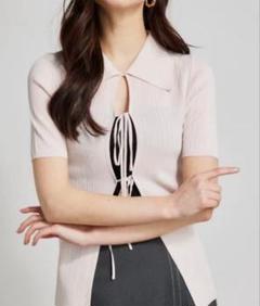 rienda リエンダ　ヘザーカラー　リボン付　半袖ニットトップス　新品