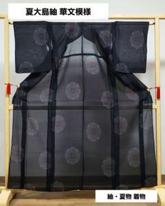 最高品質の A4 夏大島紬 17 着物 紬 紗 絽 夏用 薄物 正絹 黒色 華文模様 着物・浴衣