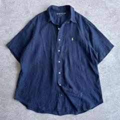 激安ショップ 食品 美品□Ralph Lauren【XL】 半袖シャツ リネン ネイビー 刺繍 トップス