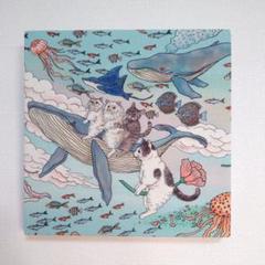 猫とクジラ柄のファブリックパネル ハンドメイド