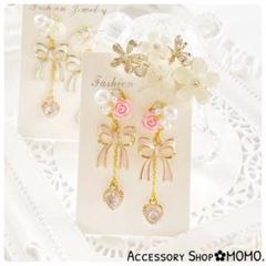 ビジュー♡ピンクローズ♡りぼん.ジルコニア ♡ハンドメイドピアスorイヤリング♡