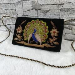 美品✨プチバッグ ポシェット ベロア ザリー刺繍 孔雀 花 金糸 ビーズ 高級