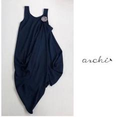 美品 アーキ archi ミモレ丈 3way デザイン とろみ ワンピース 紺色