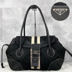 美品 PRADA ナイロン レザー トートバッグ ベルト フラップ 肩掛け 黒