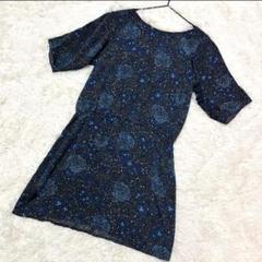 Oscope 花柄チュニック　【美品】　5分袖　薄手　春夏　ブラック　　（L）