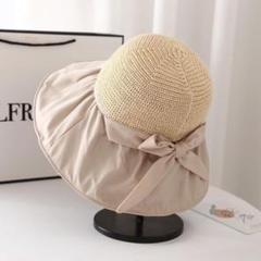 ・新品　つば広ハット　帽子　ベージュ　UVカット　バックリボン