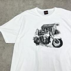 ハーレーダビッドソン　バイク　モノトーン　白黒　Tシャツ　古着　ホワイト　2XL