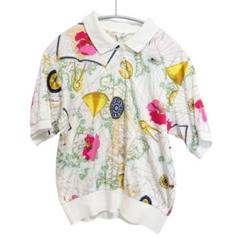 【美品】LEONARD SPORT ポロシャツ 花柄 金ボタン 大きいサイズ LEONARD SPORT 美品スカーフ柄ゴールドラインカラーデザイン