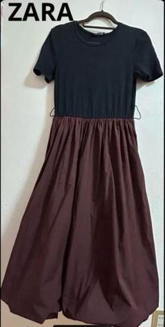 ZARA 黒×茶色 切り替え半袖ロングバルーンワンピース