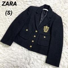 ZARA ザラ　ツイード　テーラードジャケット　エンブレムワッペン　黒　金ボタン