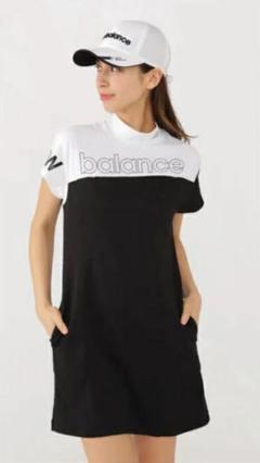 美品☆new balance golf☆2024ロゴワンピース1黒白 直営店舗・公式オンライン限定】ロゴモノグラム柄 半袖 ポロ