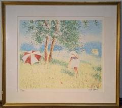 【真作】版画　リトグラフ　印象派風の夏景色　爽やかな草原の風景　W21 真作】版画 リトグラフ 印象派風の夏景色 爽やかな草原の風景