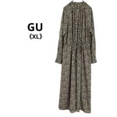 a1066ジーユー 花柄 ノーカラーシャツワンピース 長袖 大人可愛い 《XL》