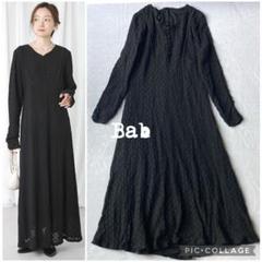 Bab 総レースウエスト切替フレアワンピース 長袖 マキシ丈 M ブラック