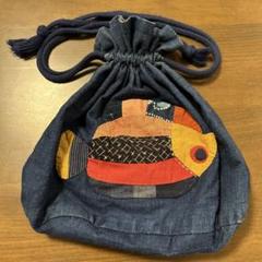 デニム生地魚刺繍 ハンドメイド巾着袋