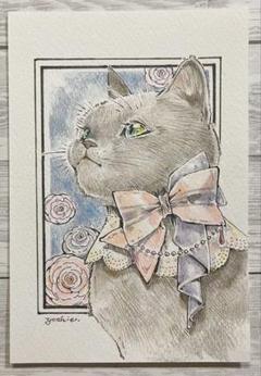 ロシアンブルーの猫さん 色鉛筆画 原画 【Ｎｏ．49】のサムネイル