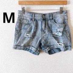 ライトブルー ダメージデニムショートパンツ M