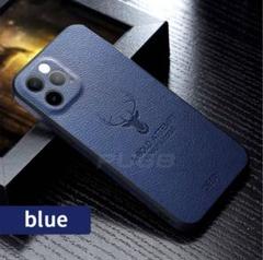 iPhone12ケース ブルー　鹿レザー　革 耐衝撃　韓国