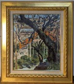 【真作】絵画　油彩8号　太鼓橋の見える庭園　力強い筆致の風景画　W100 真作】絵画 油彩8号 太鼓橋の見える庭園 力強い筆致の風景画