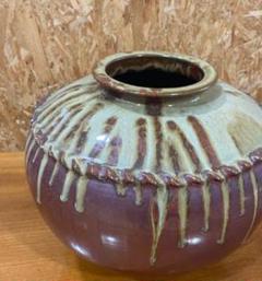 手作り陶器 花瓶 紫色と緑色