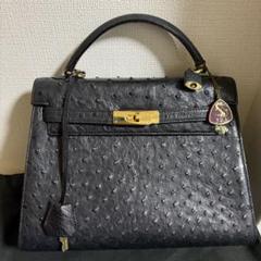 [美品][JRAタグ付き]オーストリッチ ハンドバッグ 本革 南京錠 ブラック