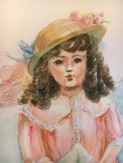 アンティーク　手描き肖像画　水彩画　ロココ ロココ娘」水彩画