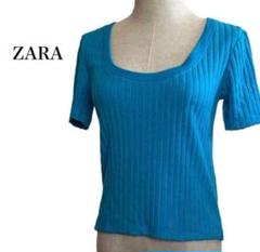ザラ ZARA 5分袖リブニット カットソー パステルカラー ターコイズ