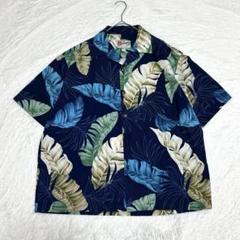 Hilo Hattie アロハシャツ L ハワイ製 ボタニカル 紺 緑 開襟 綿