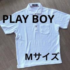 [PLAY bOY]ホワイト チェック柄 半袖ポロシャツ メンズM 胸ポケット